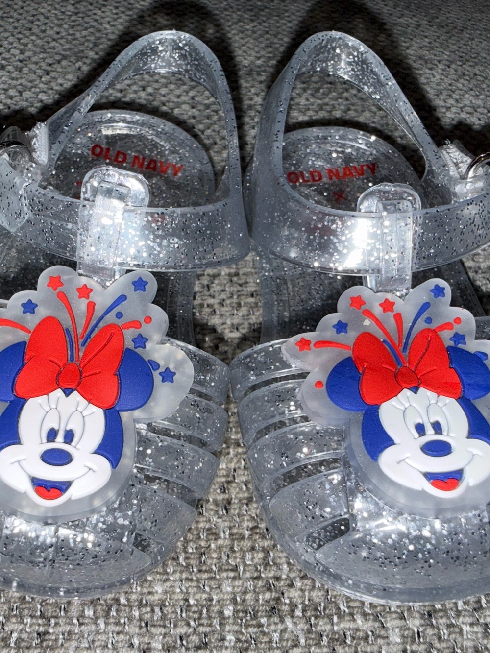 Old Navy Clear Glitter Minnie Mouse Jelly Sandals with Red & Blue Charm